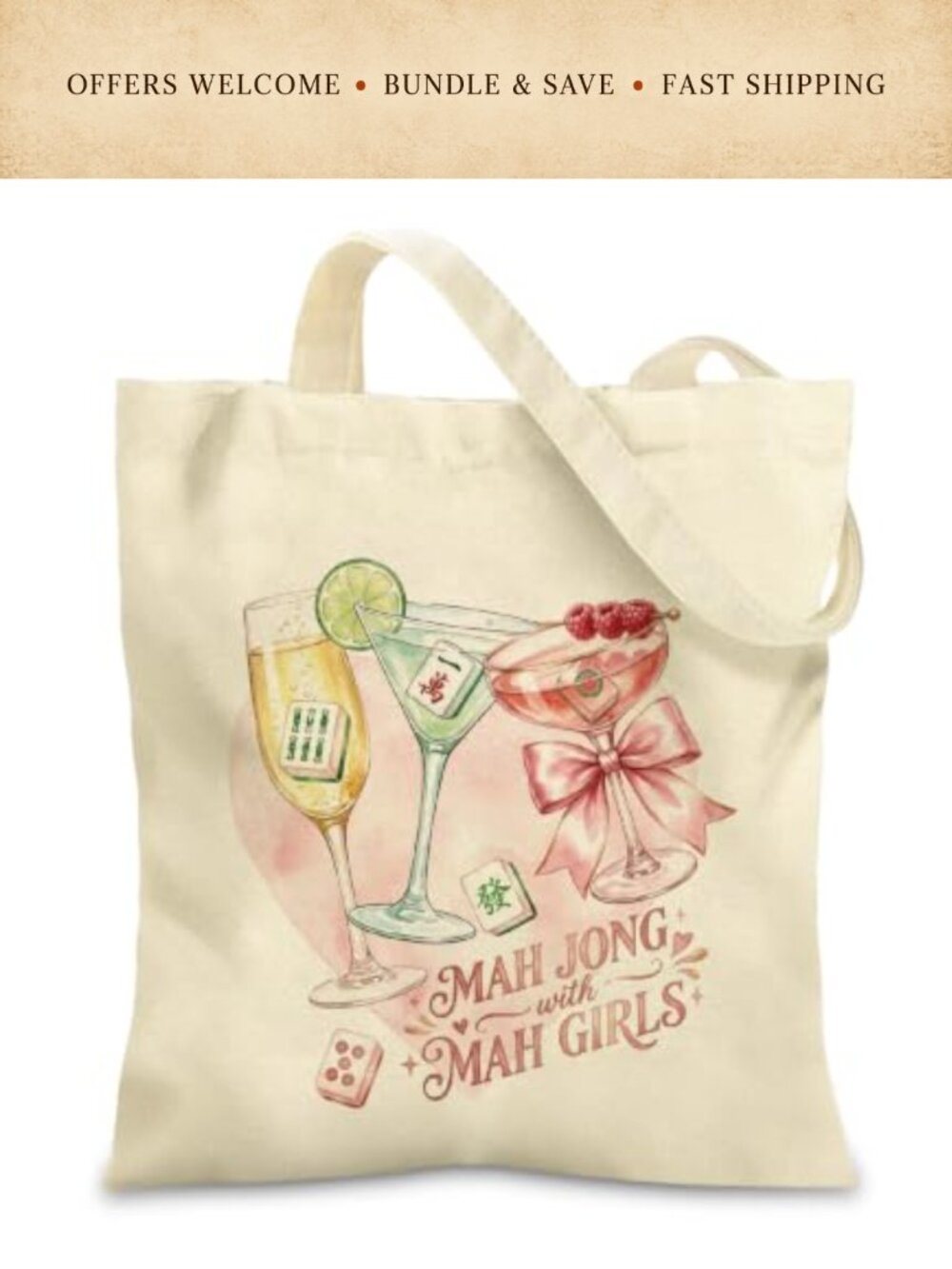 Mahjong Canvas Tote Bag Women Retro Reusable Grocery Shoulder Bag